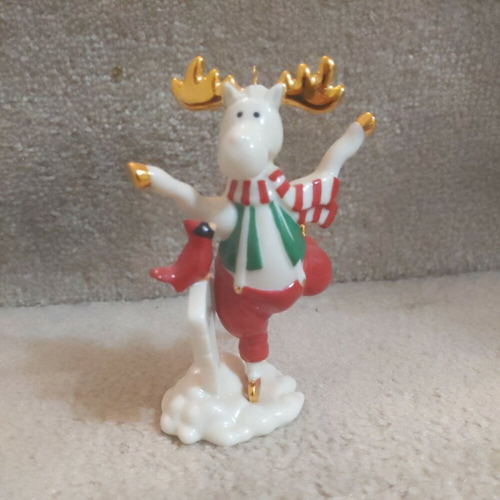 Lenox Marcel Moose Ornament Merriment Ice Skating Mooseages Cardinal NWT NIB